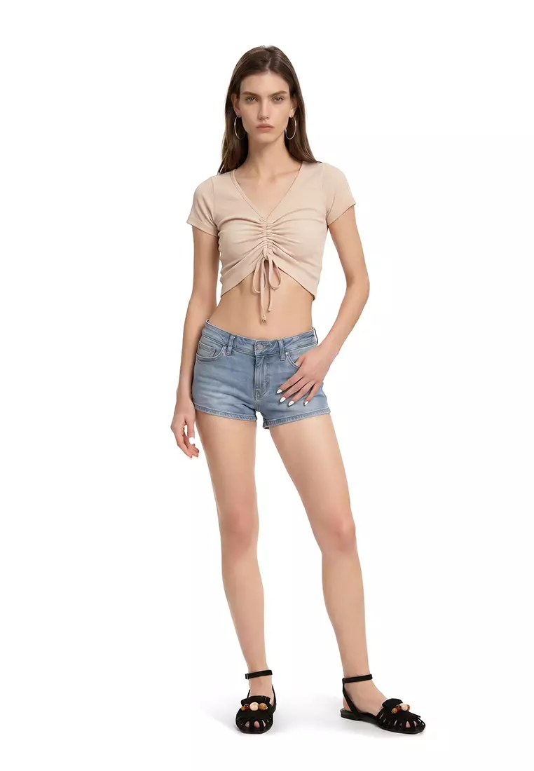 Beige Drawstring Detail Crop Top