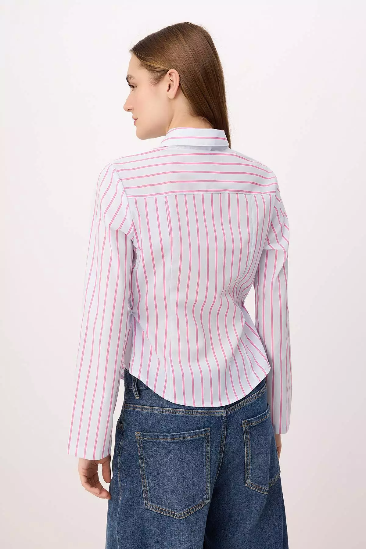 Pink-Blue Striped Waist Adjustable Lightweight Waist-Fitting Wide Sleeves Shirt Twoaw26Go13