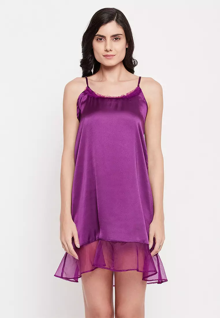 Clovia Chic Basic Short Night Dress & Robe Set in Purple - Satin