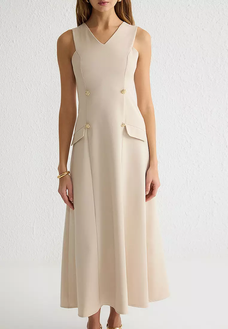 MODEST Gold Button V-Neck Dress