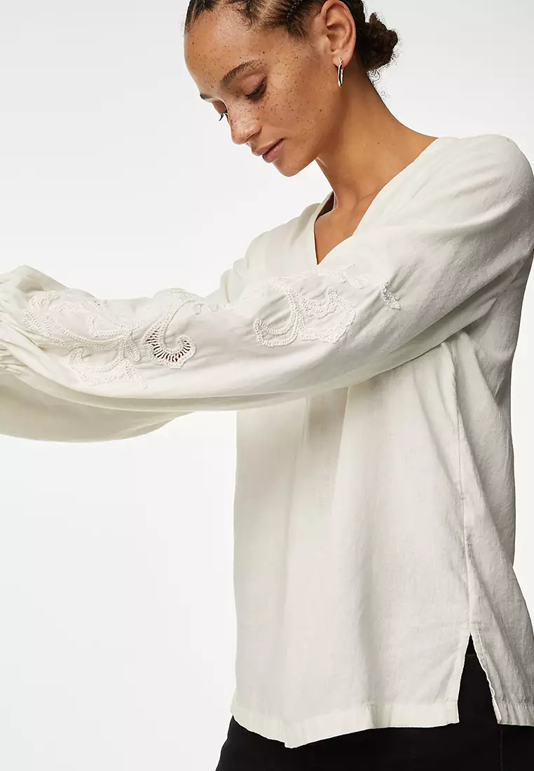 Linen Blend Embroidered V-Neck Blouse