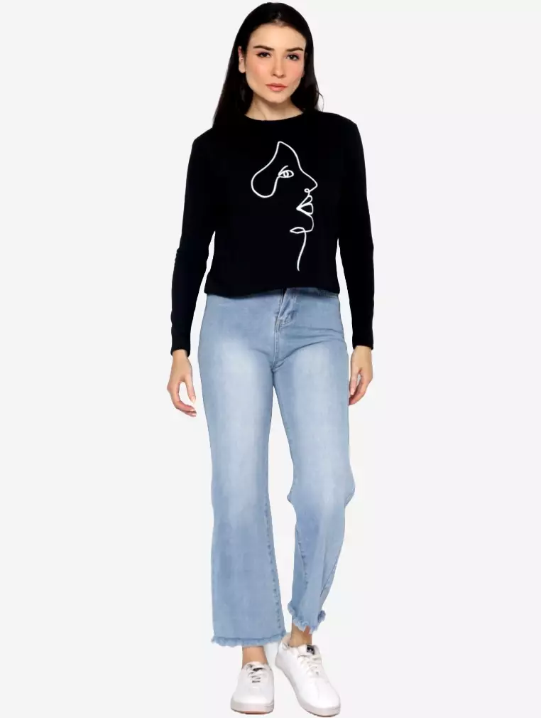 TONIQUE Kaos Crop Lengan Panjang Katun Combed Wanita Hitam GABRIELLA Regular Fit Long Sleeve Cotton Combed Crop Top