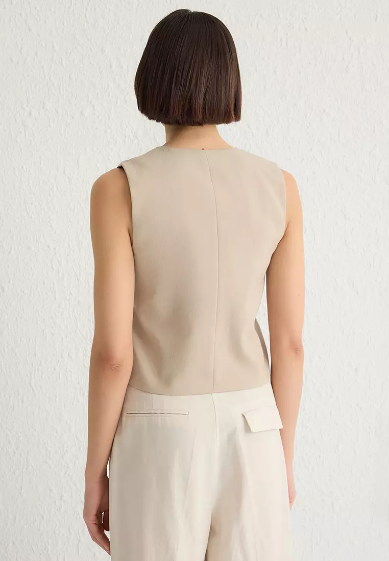 Beige Fitted Buttoned Crop Woven Vest
