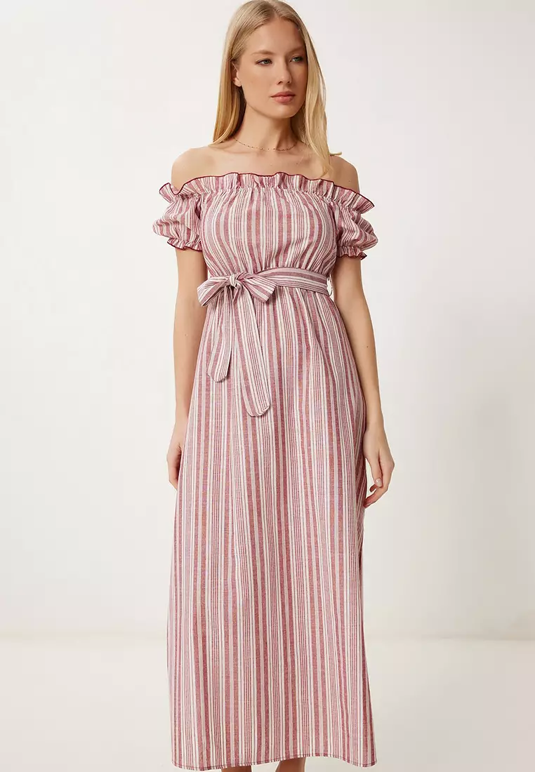 Women's Bone Burgundy Striped Off-The-Shoulder Summer Linen Dress Li̇00120