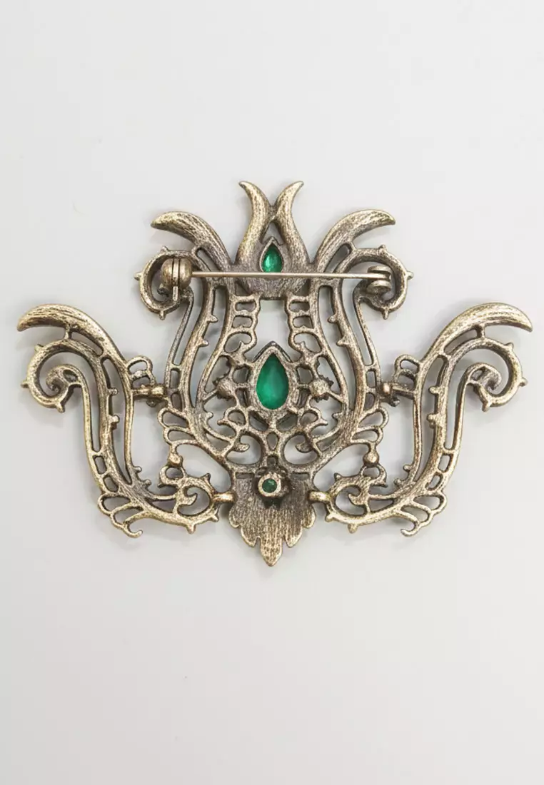 Aksesoris Bros Wanita Amyra Diamente Brooch Green & Gold