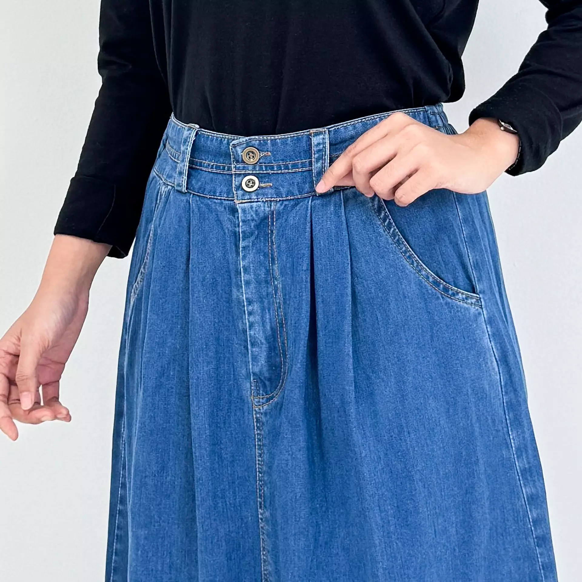 Aisah Denim Skirt BLUE Rok Panjang Jeans Wanita Fit 85 Kg