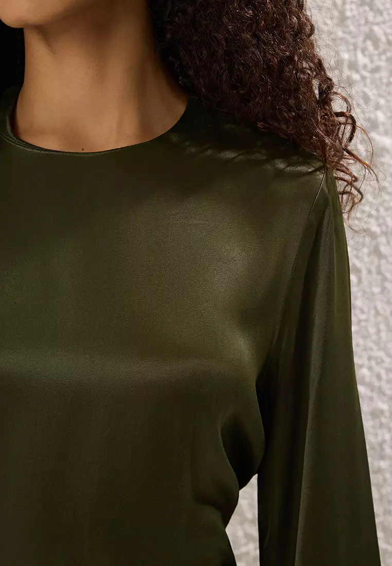 Khaki Brit Detailed Woven Satin Evening Dress Tctss25Db00001