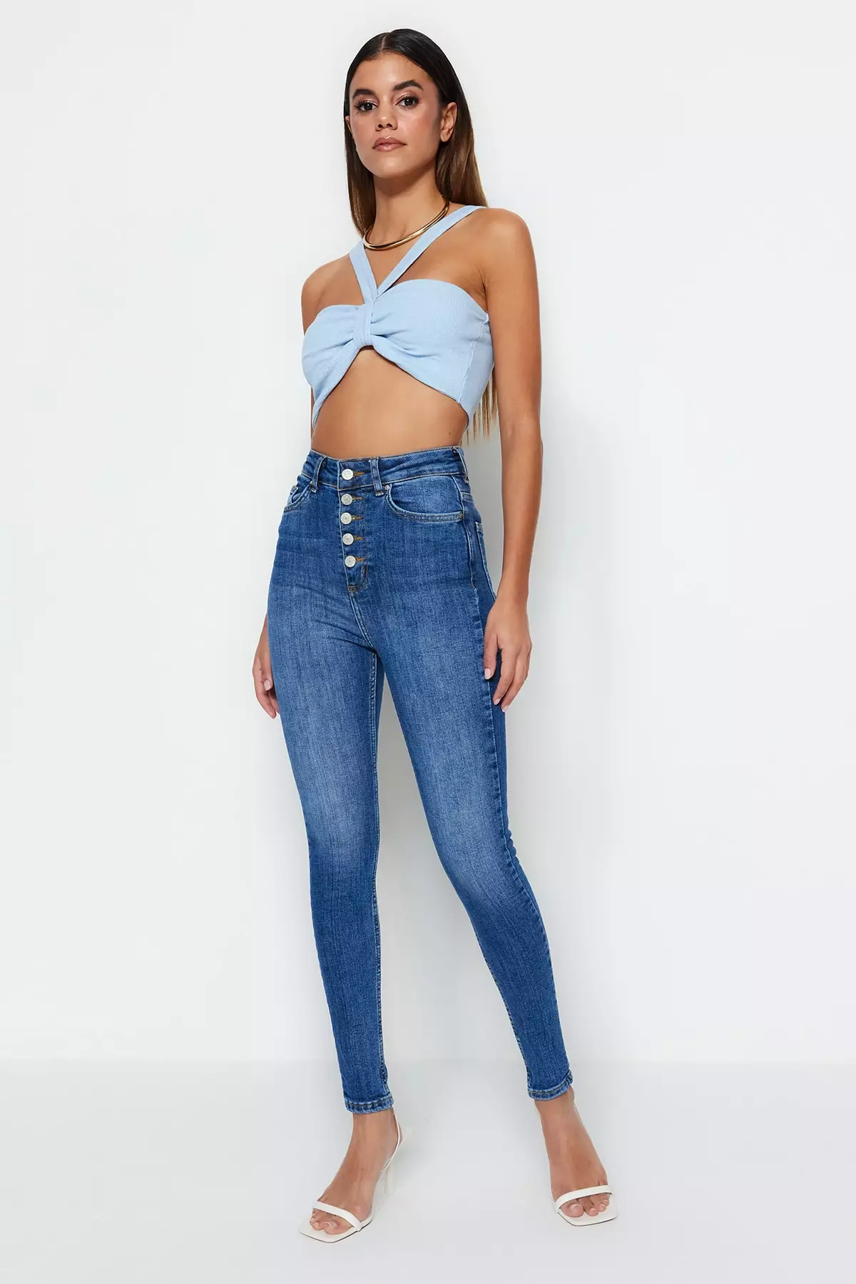 Front Button High Waist Skinny Jeans