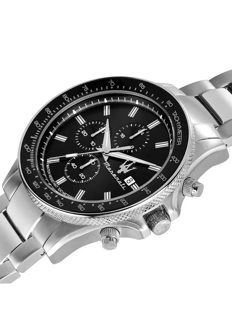 【2 Years Warranty】Maserati Sfida 44mm Black Dial Men's Stainless Steel Chronograph Quartz Watch R8873640015 With Luminous Dial Hands