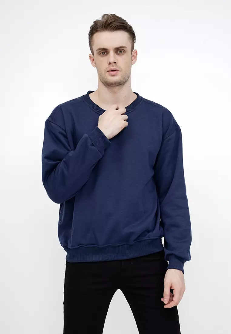 sweater basic lengan panjang baju sweater tebal biru dongker