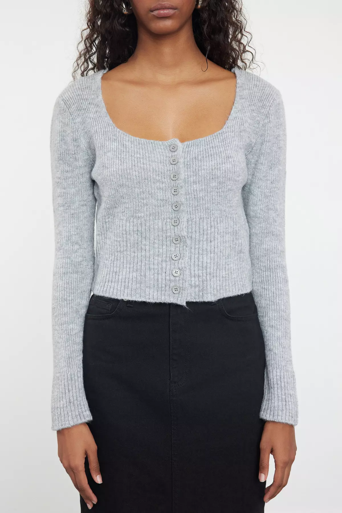 Square Collar Gray Knitwear Crop Cardigan