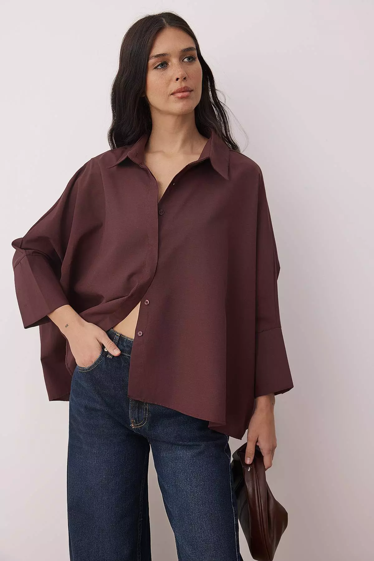 Plum Wide Cuff Oversized Woven Shirt Twoaw26Go13