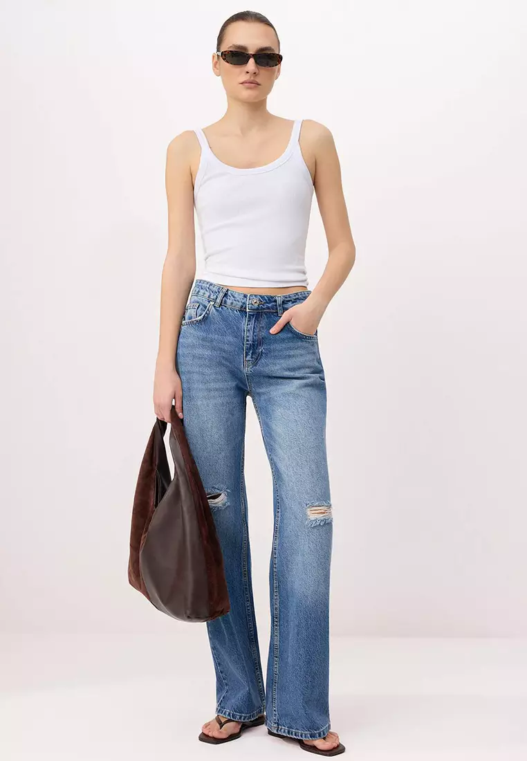 Blue Ripped Detailed Regular Waist Wide Leg Jeans Twoss26Je265