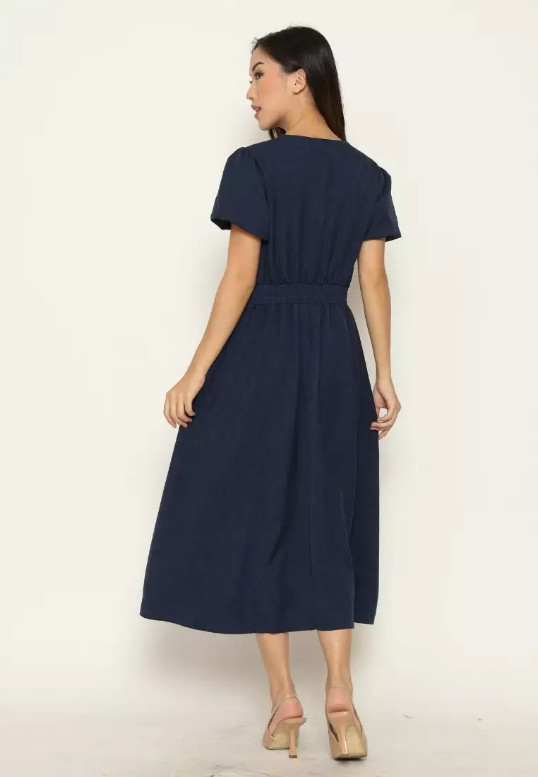 Urban Exchange Jasmine Dress Navy - Midi Dress Puff Sleeves