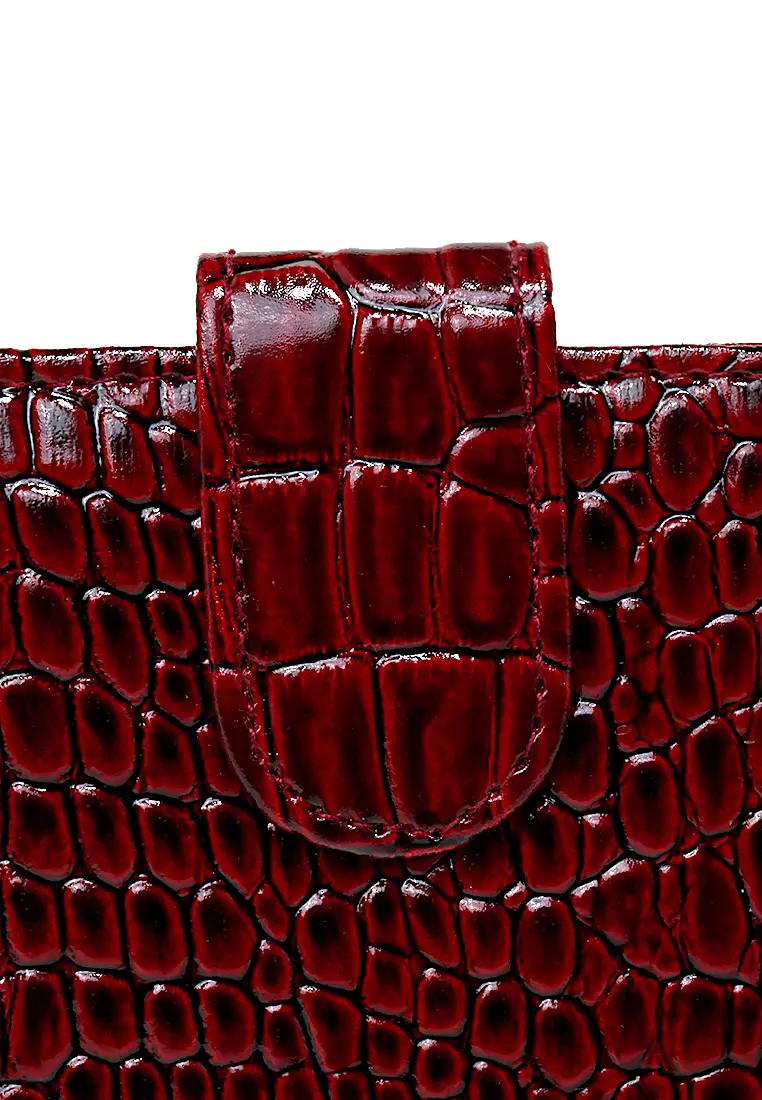 Dompet Kartu Motif Croco Detail Snap Kancing Card Wallet Wanita - Maroon