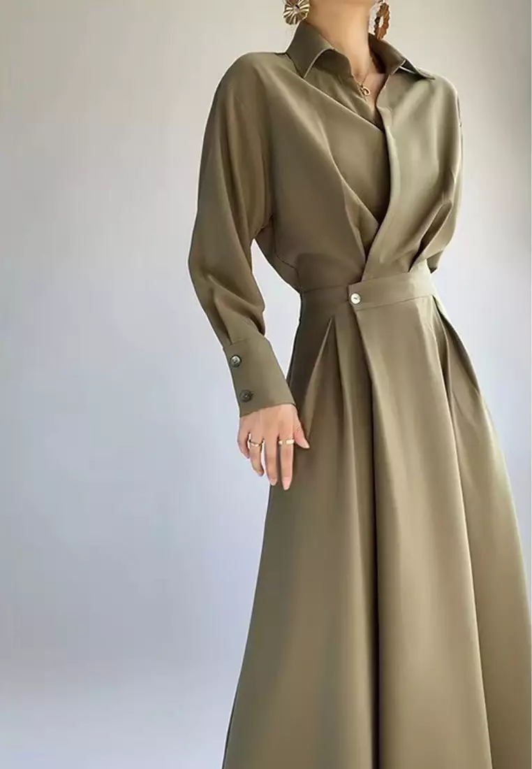 高腰翻領長袖連衣裙XHG-1138-1