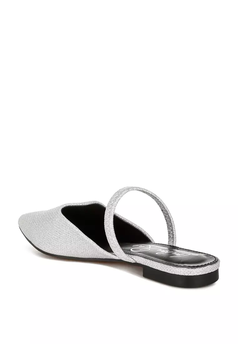 Glitter Faux Leather Flat Mules in Silver