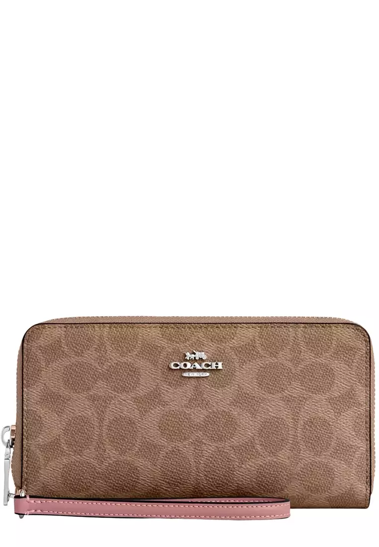 Long Zip Around Wallet With Detachable Card Case In Signature Canvas - Tan/ Dusty Pink CBZ99