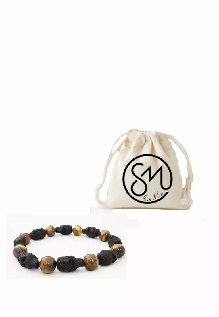 Aksesoris Pria Skull Encarved Premium Tiger Eye Bracelet Black & Brown