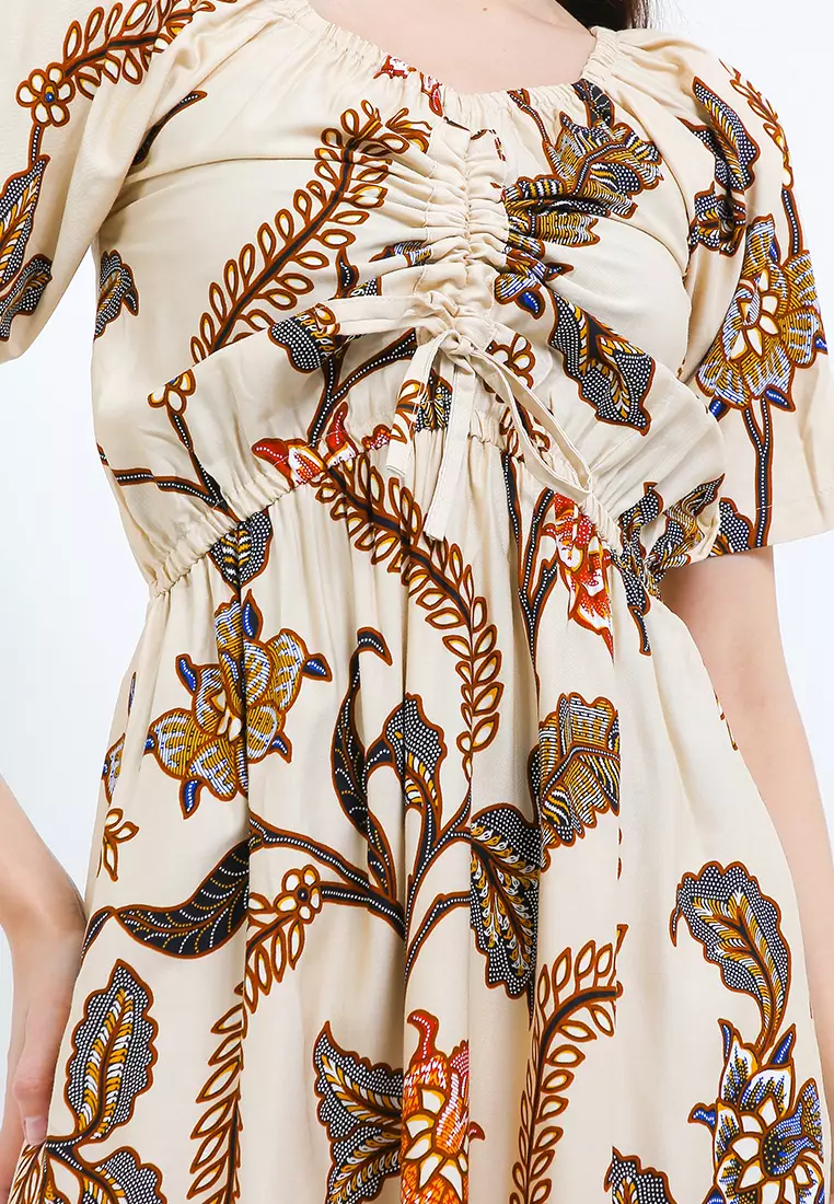 Dress Baju Batik Wanita Irene Cream Lengan Pendek