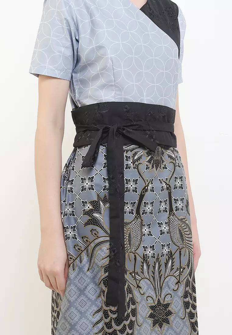 Dress Batik Wanita Furing Kombinasi Obi Aswangga Grey Lengan Pendek