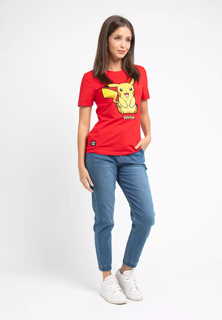 Forest X Pokemon Ladies Coral Fleece Textured Embroidered Pikachu Round Neck Tshirt Women - FP821000-51Red