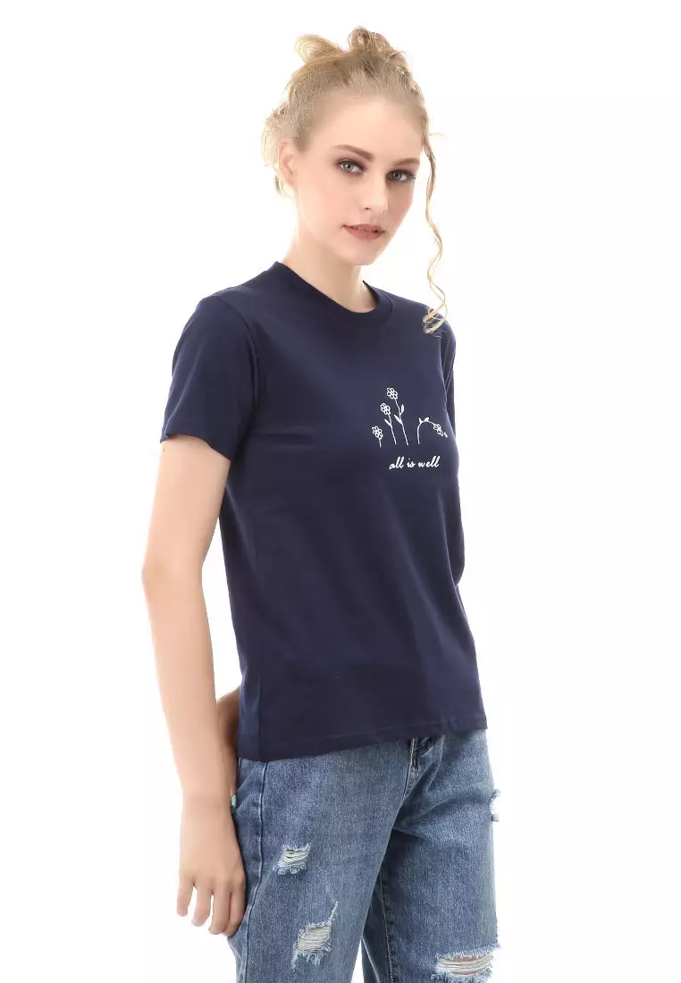Genevie T-Shirt Kaos Kasual Wanita All Is Well Short Sleeve Material Cotton Combed ORIGINAL - Navy