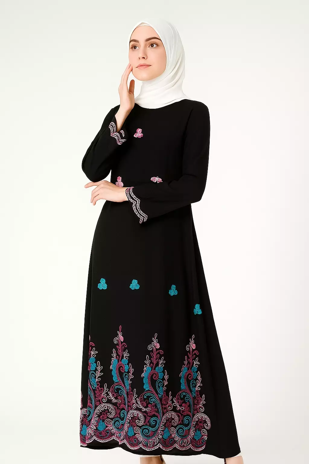 Zahra Maxi Dress In Black With Blue Pink Embro