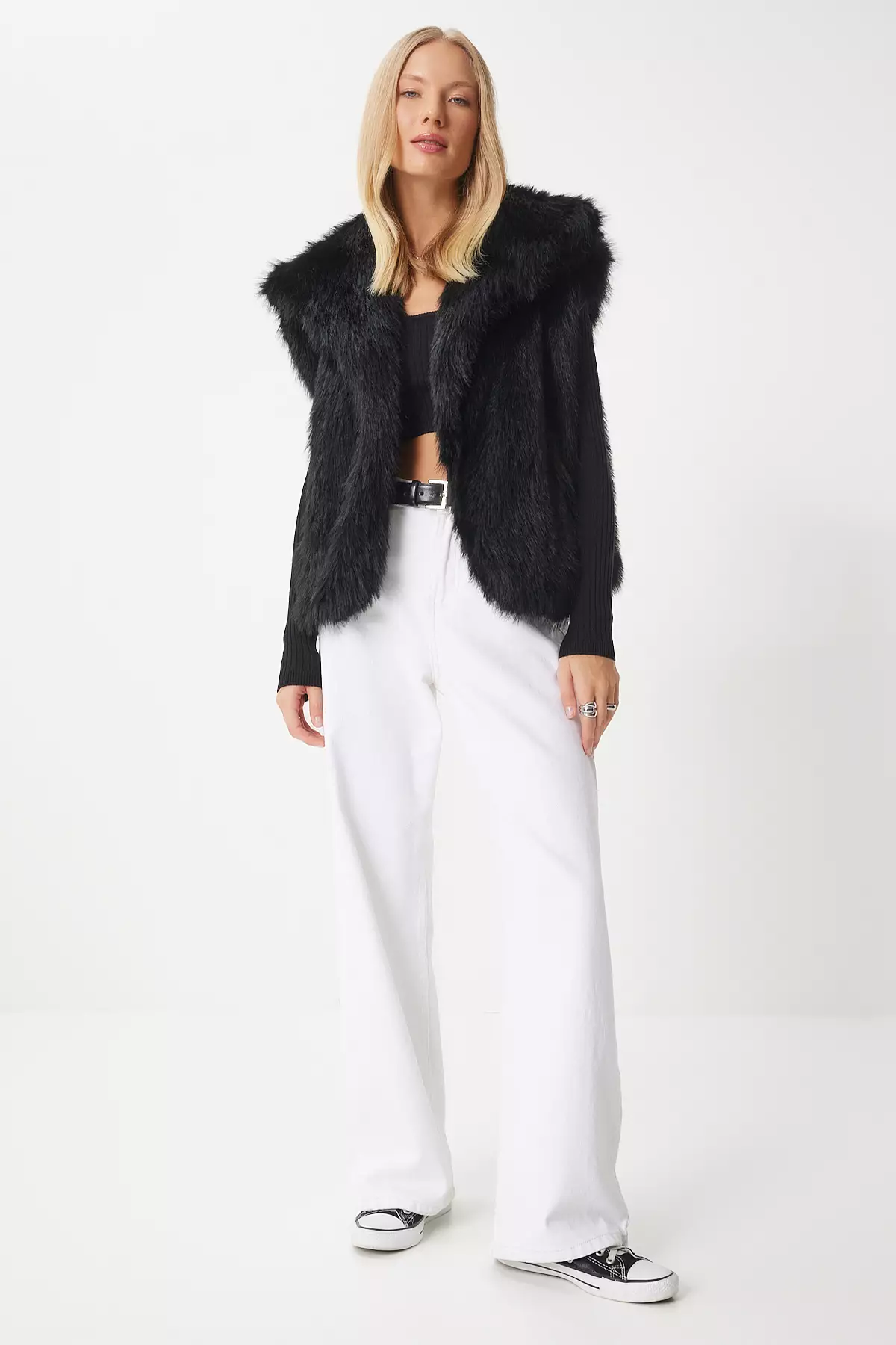 Black Faux Fur Women's Vest - Yl00003