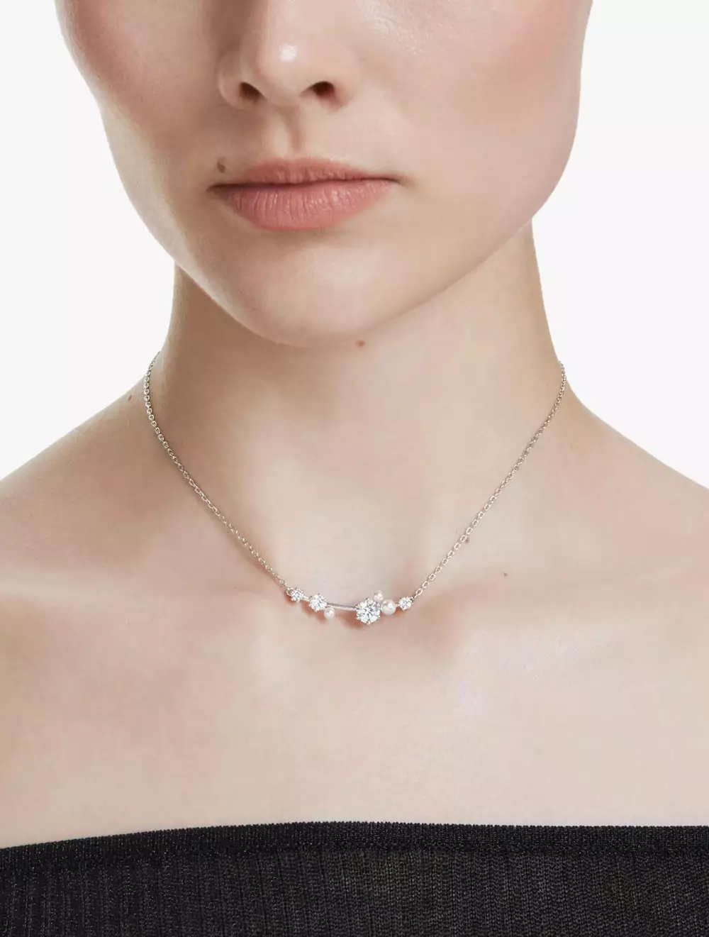 Constella Necklace, Crystal Pearl, Round Cuts, White, Rhodium Plated - White