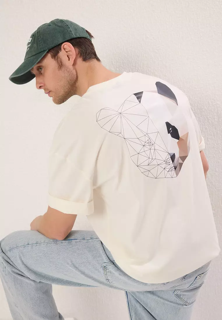Ecru Oversize/Wide Cut Animal Printed Back 100% Cotton T-Shirt TMNSS25TS00117