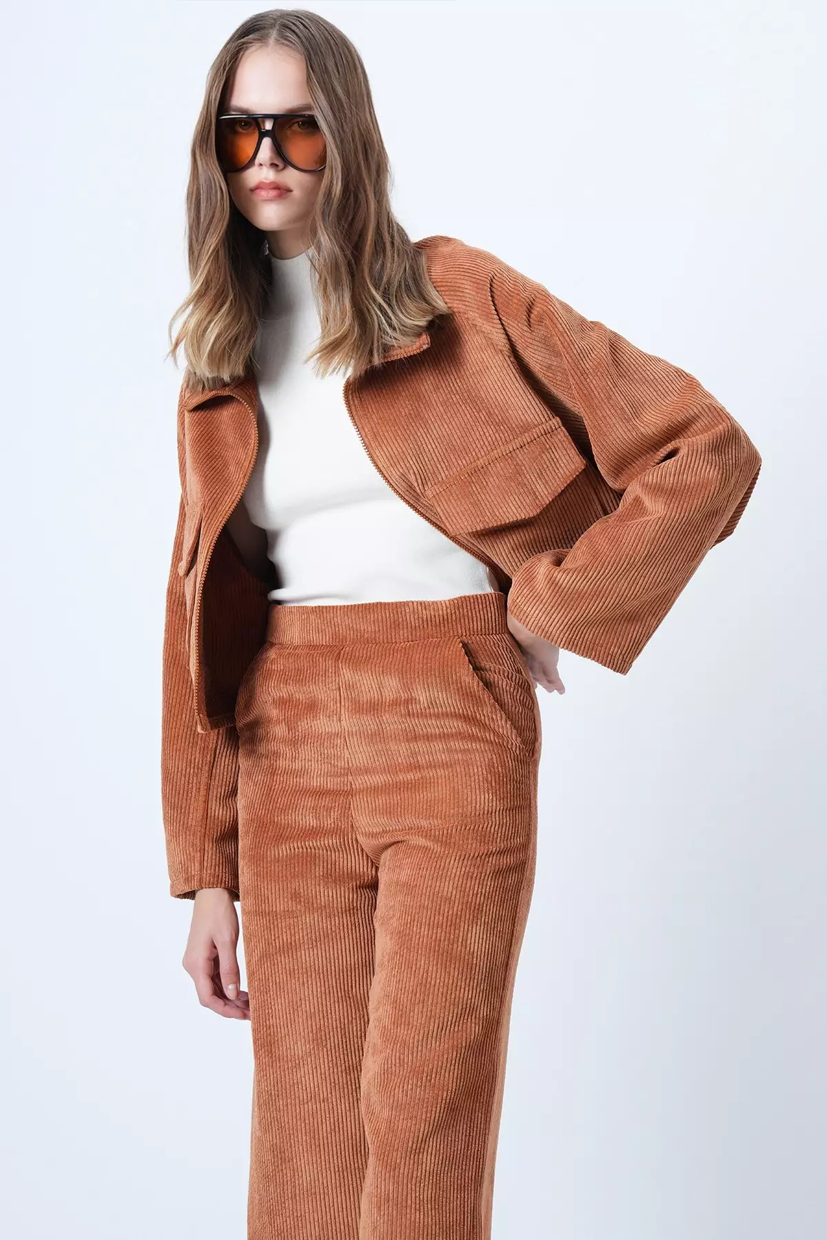 Women'S Tan Double Pocket Raglan Sleeve Velvet Jacket Alc-X14604