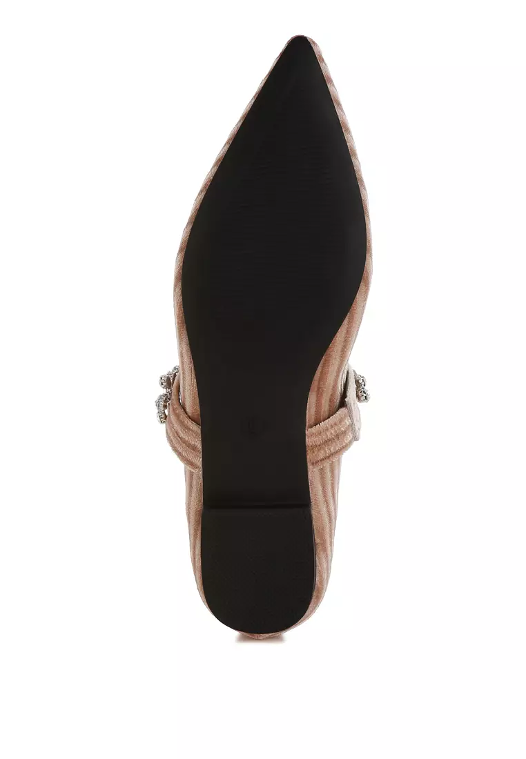 Diamante Brooch Velvet Ballerinas in Beige