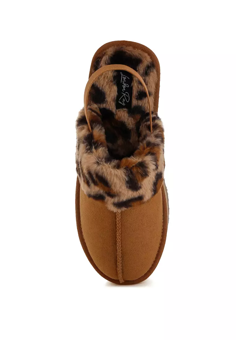 Platform Bulu Imitasi Motif Macan Tutul Slingback Klasik dalam Warna Tan