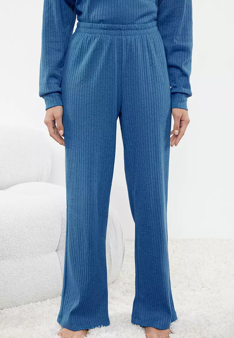 Blue Hooded Ribbed Knitted Pajama Set Thmaw22Au0334