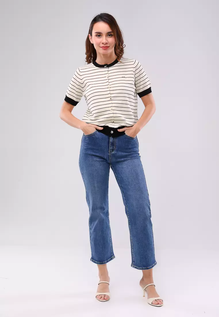 Knitted Stripes Short Sleeves Blouse