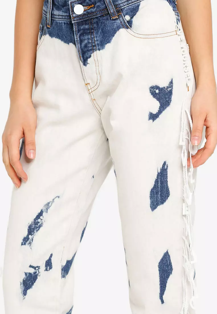 Lettering Fringe Faded Jeans