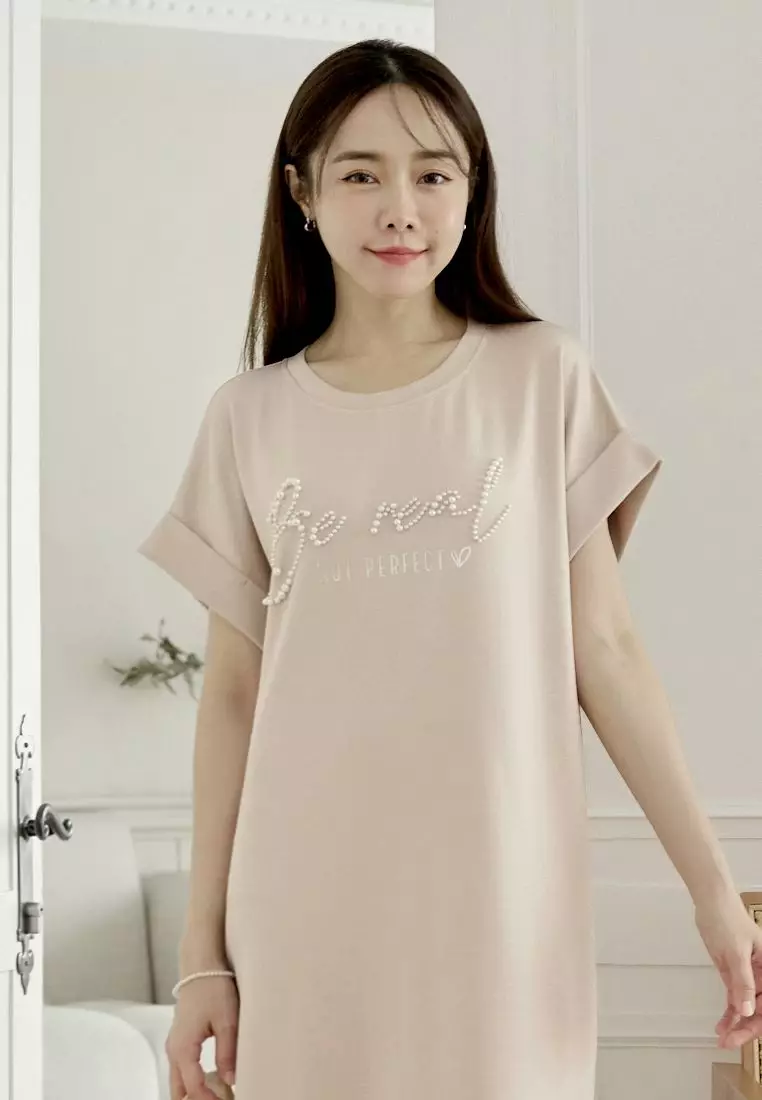 Buy OBSTYLE 3D Beaded Lettering Back-Slit T-Shirt Dress in Air Cotton  [DA10555] 2026 Online | ZALORA
