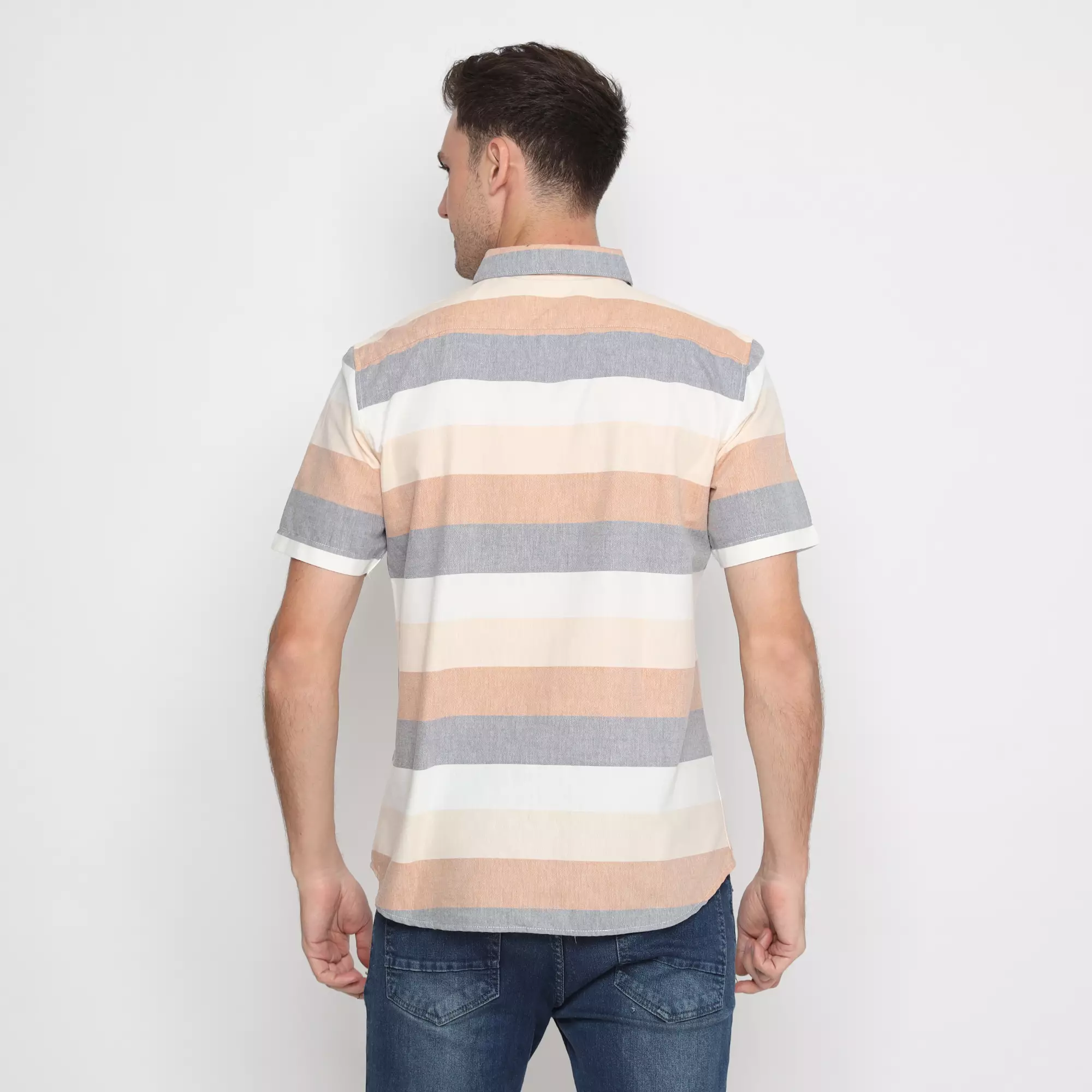 Platini Kemeja Salur Pria Lengan Pendek Katun Krem 73426