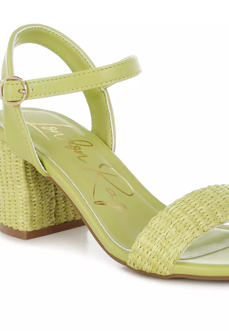 Raffia Pin Buckle Block Heels In Green