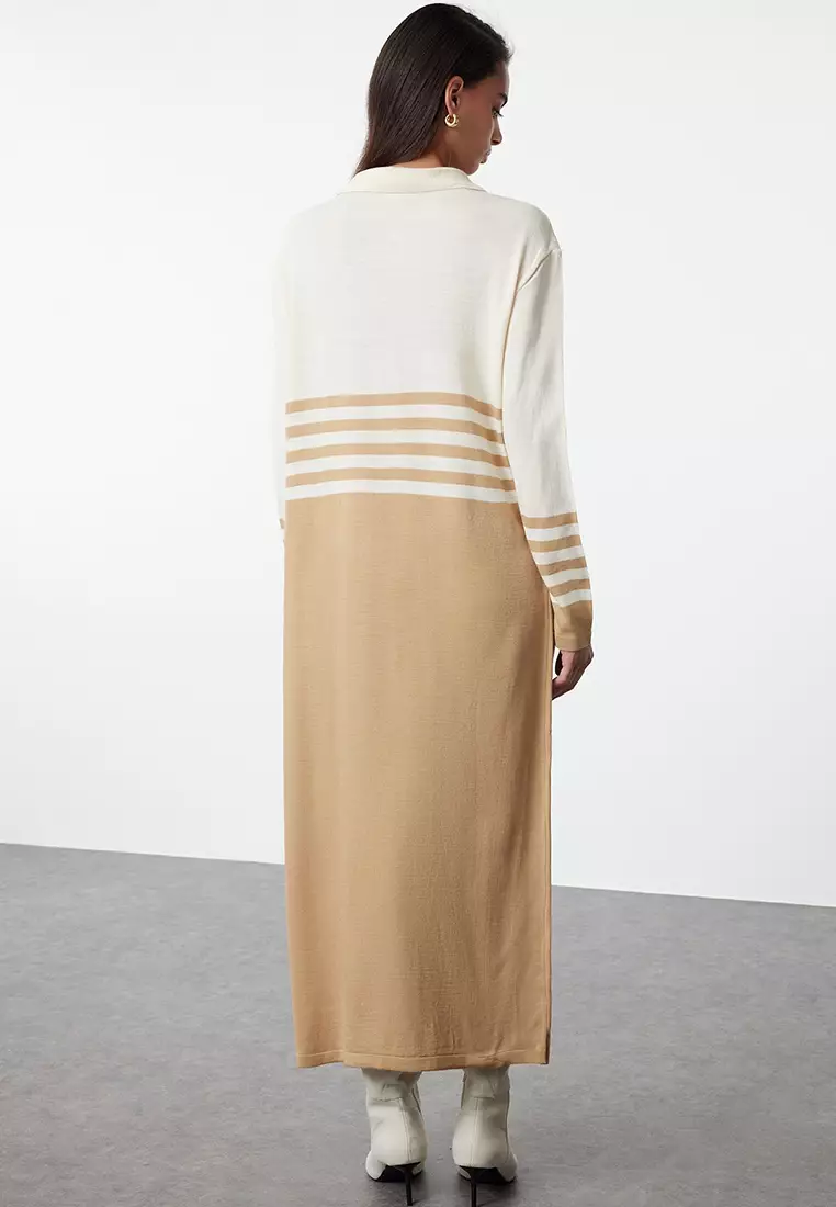 Brown Stone Buttoned Color Block Knit Dress Tctaw25Eb00002