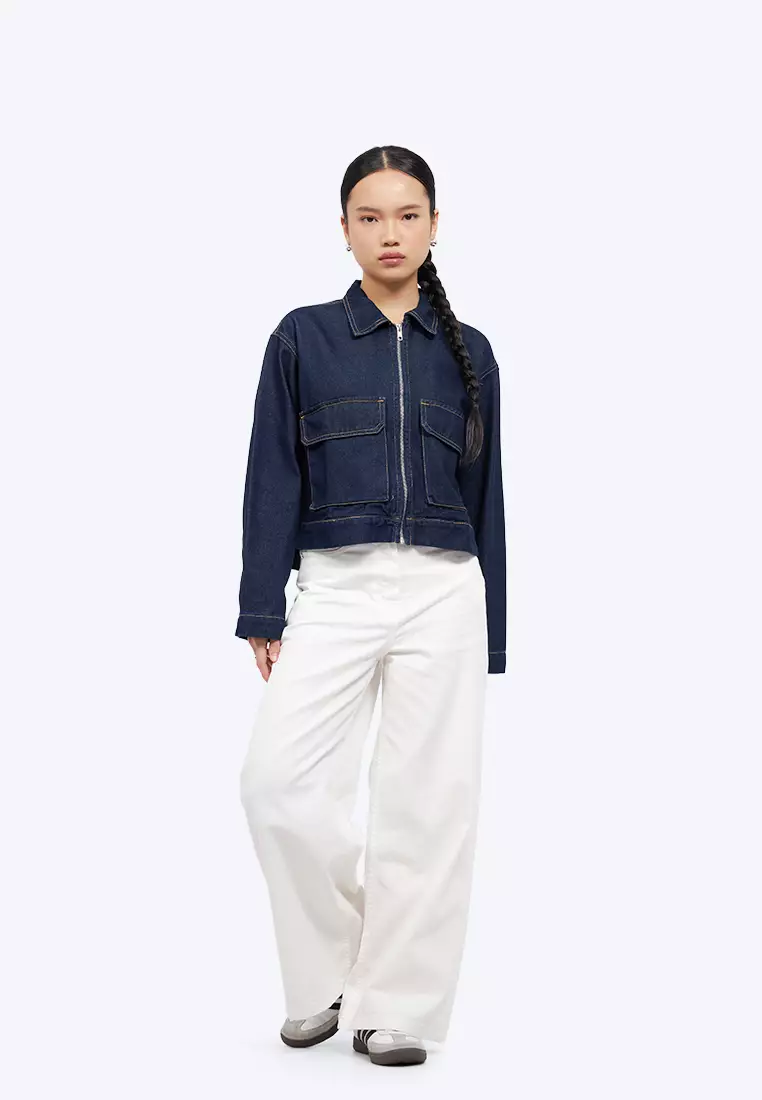 Double Pocket Zip Up Denim Jacket