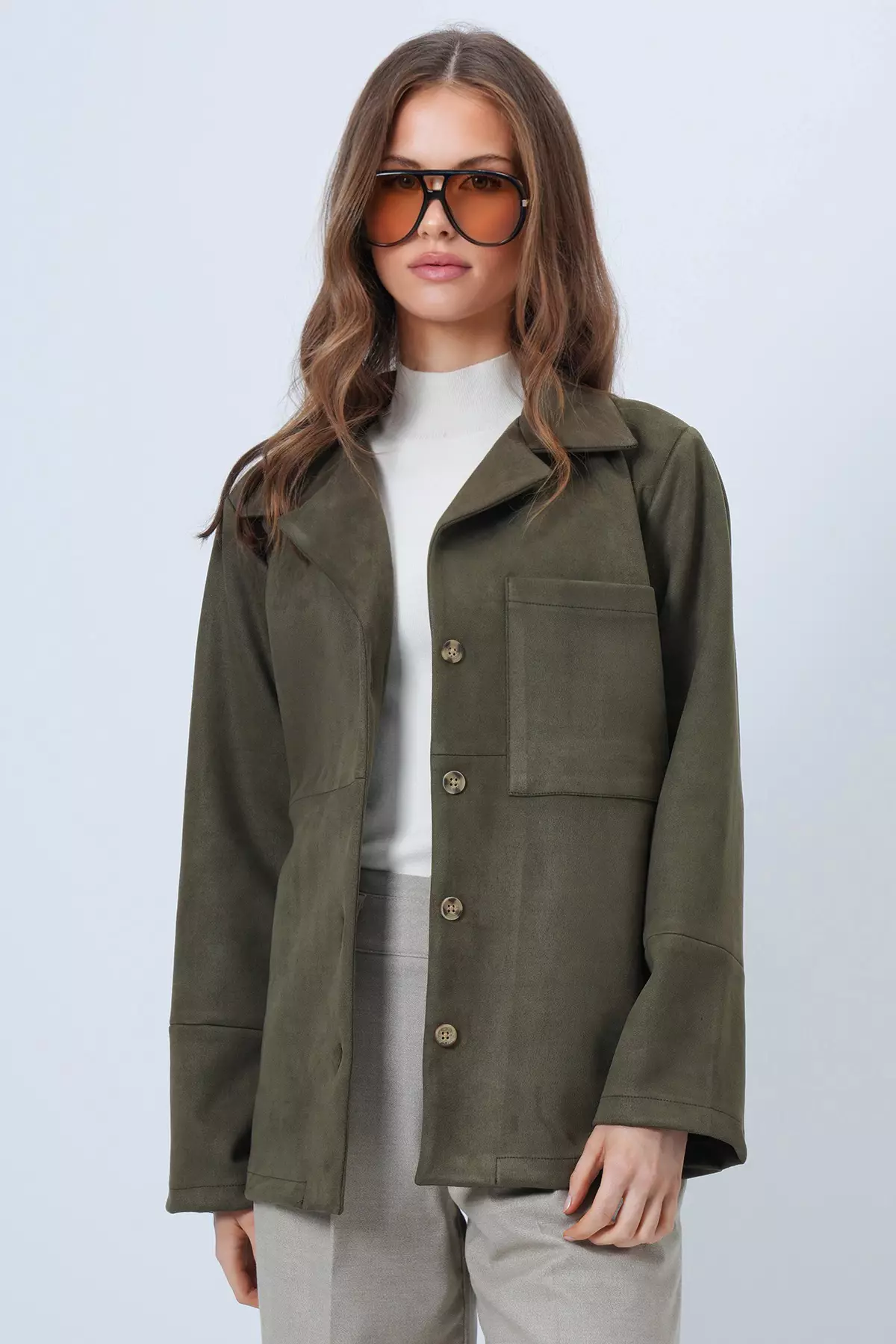 Khaki Single Pocket Faux Suede Jacket With Stitching Detail Alc-X14404