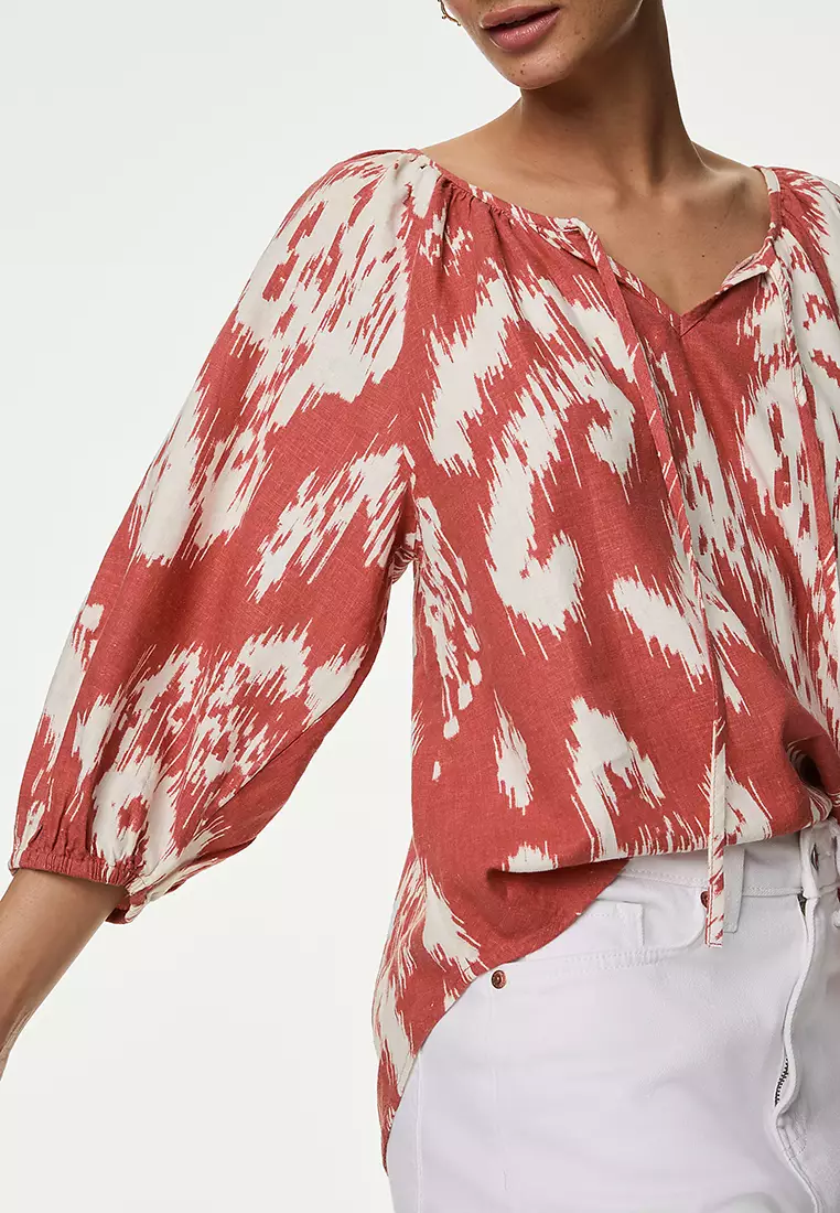 Linen Rich Printed Tie Neck Blouse