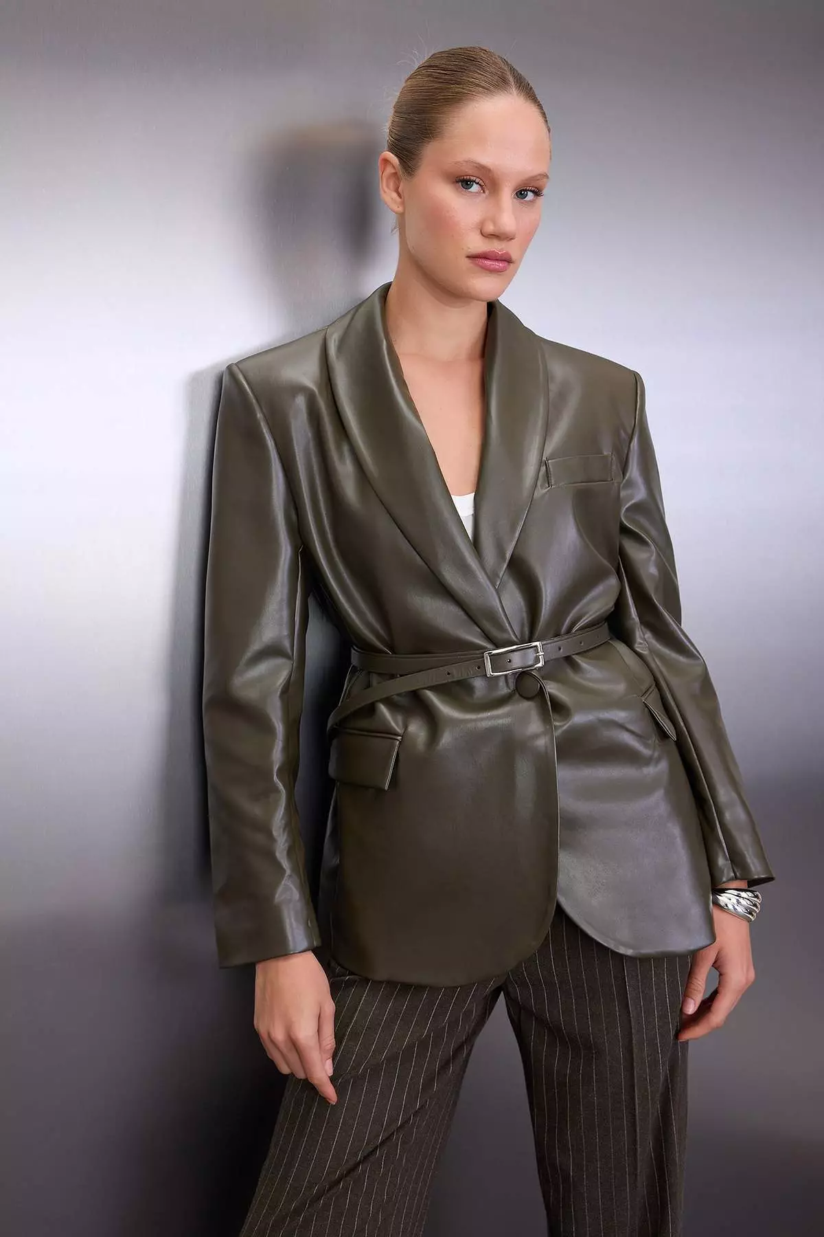 Khaki Belted Double Breasted Faux Leather Woven Blazer Jacket Twoaw26Bc2