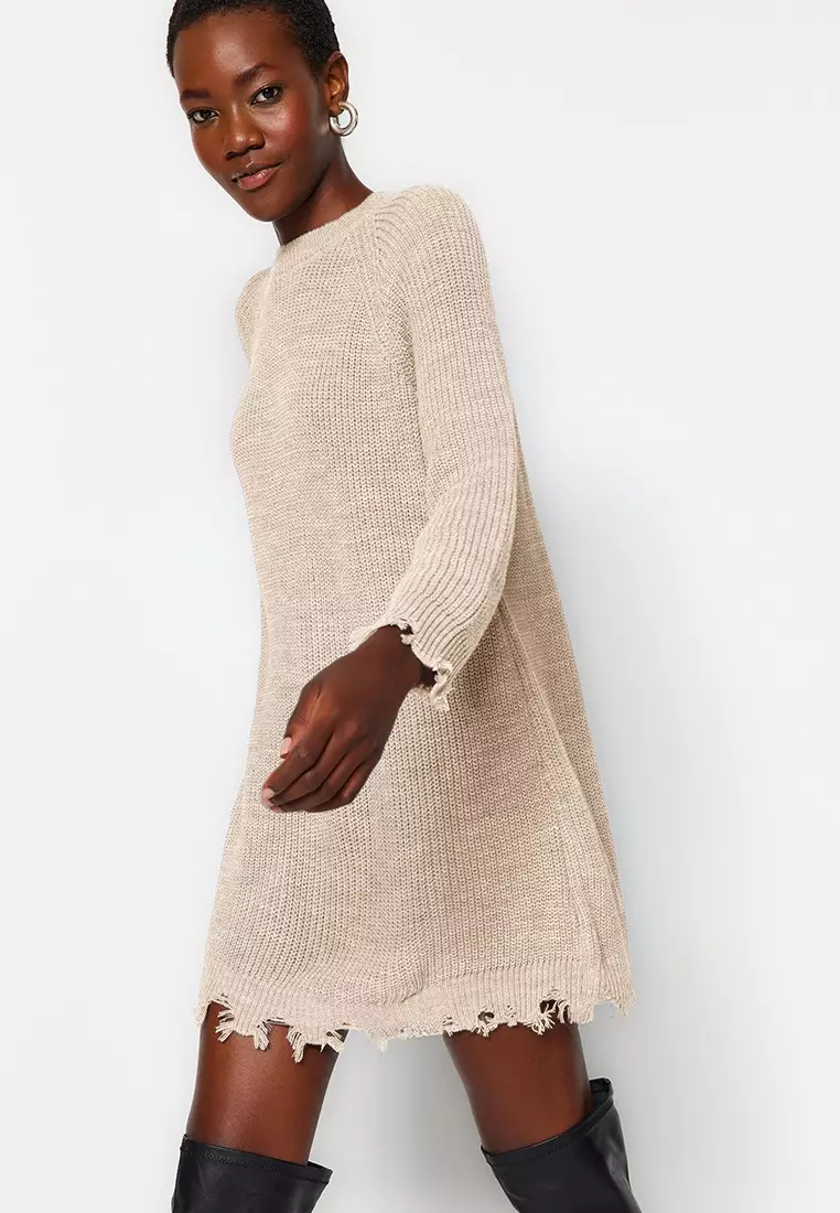 Buy Trendyol Beige Straight Short / Mini Straight Mini Wide Mold Draping  Detail Knitwear Dress Twoaw24El00113 2026 Online | ZALORA