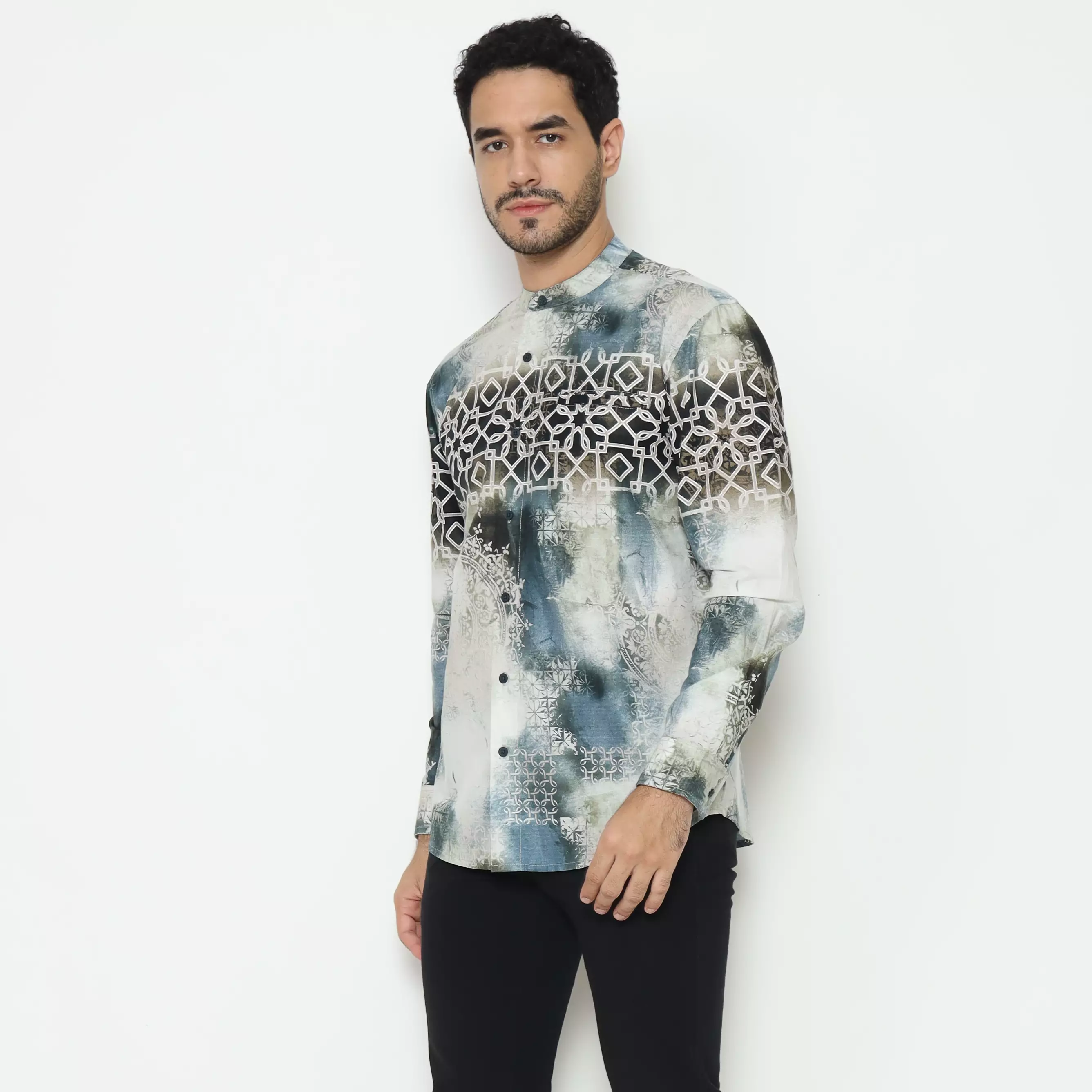 AMK Kemeja Koko Printing Pria Lengan Panjang KK Hessa L/s Blue