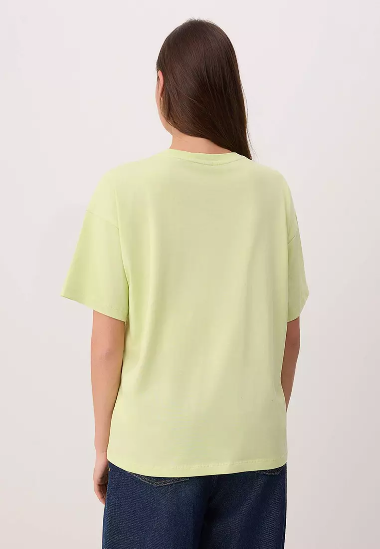 Lime Slogan Oversized Crew Neck Low Sleeve Short Long %1 Cotton Knitted T-Shirt Twoss26Ts21