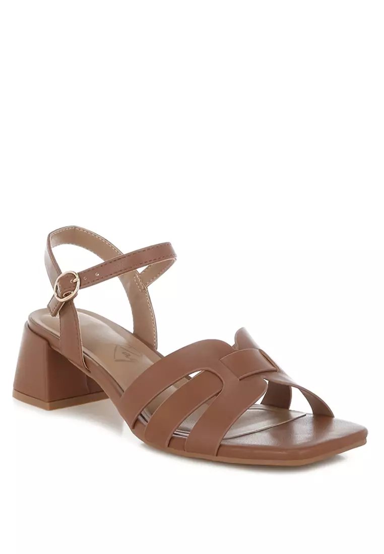 Strappy Square Toe Block Heels In Camel