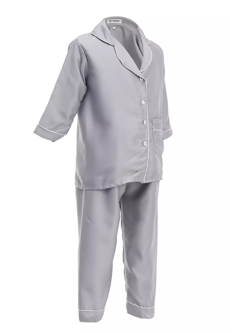 Joyce Piyama Anak Unisex Lengan Panjang Kids Pajamas Motif Polos Material Satin ORIGINAL - Gray